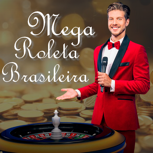 Apresentador de terno vermelho em um estúdio de cassino ao vivo para o jogo Mega Roleta Brasileira, sorrindo e apresentando a mesa de roleta aos jogadores.