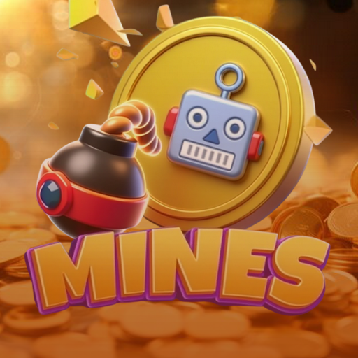 Ícone do 'Jogo da Bombinha', o Mines, com uma bomba e um robô sobre moedas de ouro, representando o desafio de encontrar prêmios e evitar as minas.