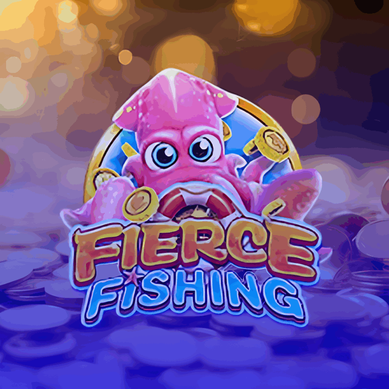 Arte do jogo de pescaria Fierce Fishing, apresentando uma lula rosa simpática segurando moedas de ouro em um cenário subaquático repleto de tesouros.