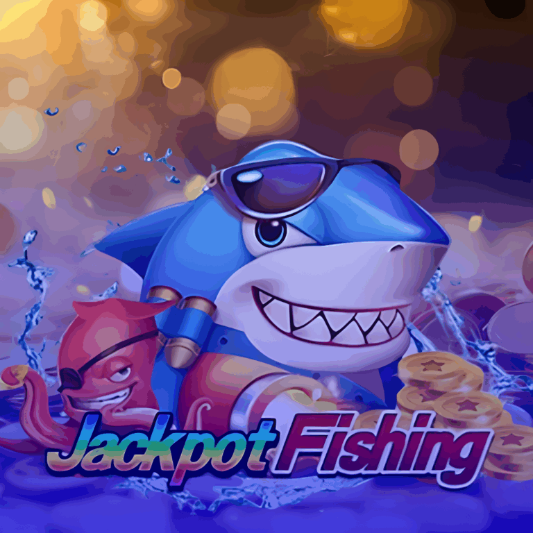 Ícone do jogo de cassino Jackpot Fishing. A imagem mostra um tubarão estiloso de óculos escuros e um polvo pirata, convidando para uma divertida pescaria em busca do grande jackpot.