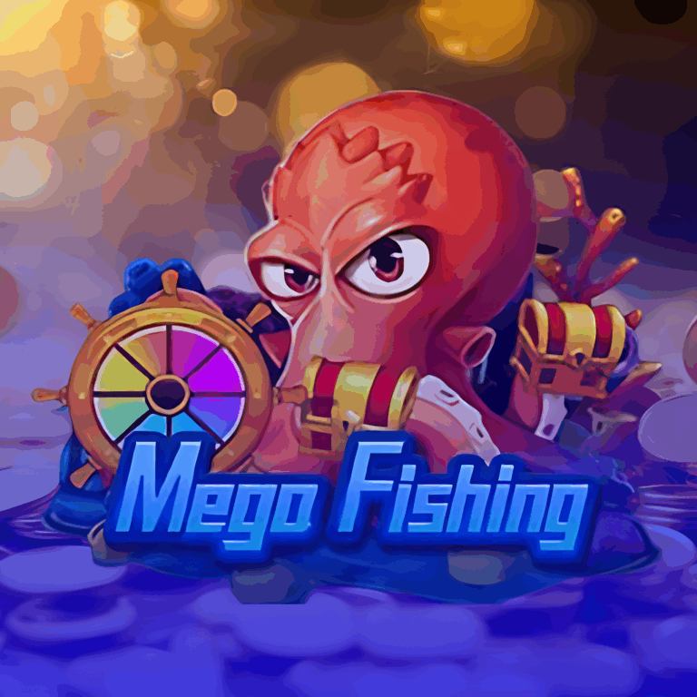 Ícone do jogo de pesca Mega Fishing, com um polvo vermelho ao lado de uma roleta de prêmios e um baú de tesouro, prometendo uma experiência com mega bônus e recompensas.
