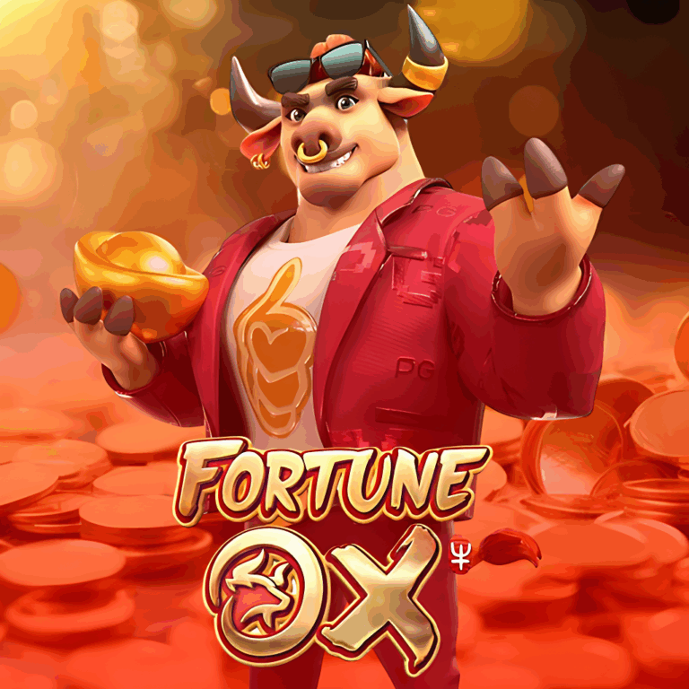 Ícone do popular jogo de slot Fortune Ox, mostrando o personagem principal, um touro musculoso e estiloso de terno vermelho, segurando moedas de ouro para representar a temática de riqueza do slot.