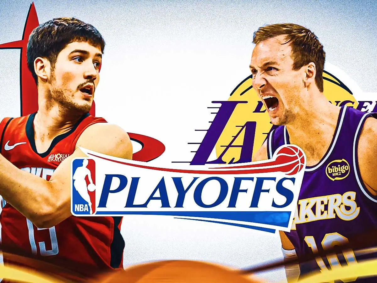 Rockets-vs-Lakers-2026-NBA-Playoffs-Game-2-prediction-odds-pick | GGSLOT | Sports & Games News Two basketball players in red and purple Lakers uniforms face off, with an NBA Playoffs banner between them, conveying intense competition.