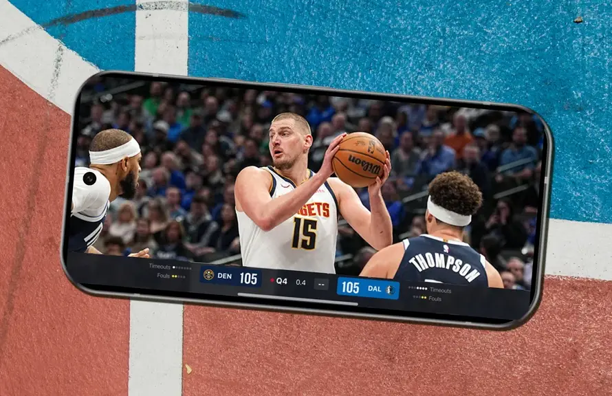 NBA League Pass on a smartphone laying on a basketball court