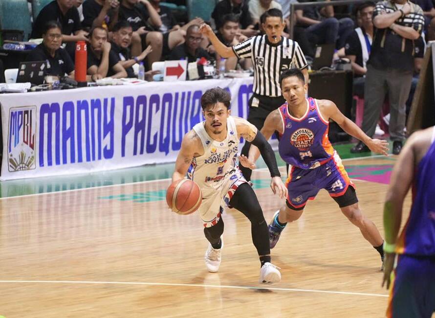San Juan Knights and Pampanga Giant Lanterns competing in a heated MPBL North Division rivalry game.