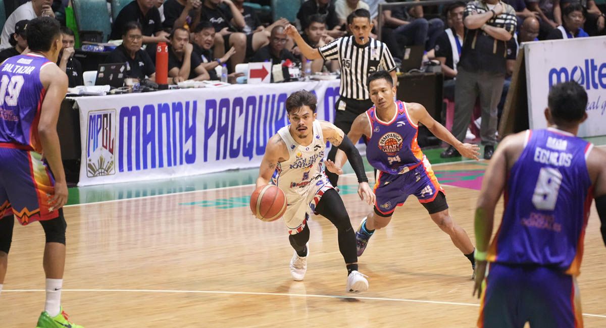 San Juan Knights and Pampanga Giant Lanterns competing in a heated MPBL North Division rivalry game.