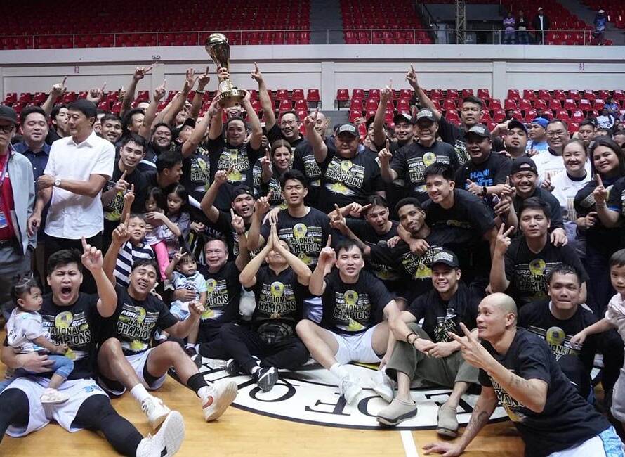The Abra Weavers MPBL team lifting the championship trophy after sweeping the Quezon Huskers in Lucena City
