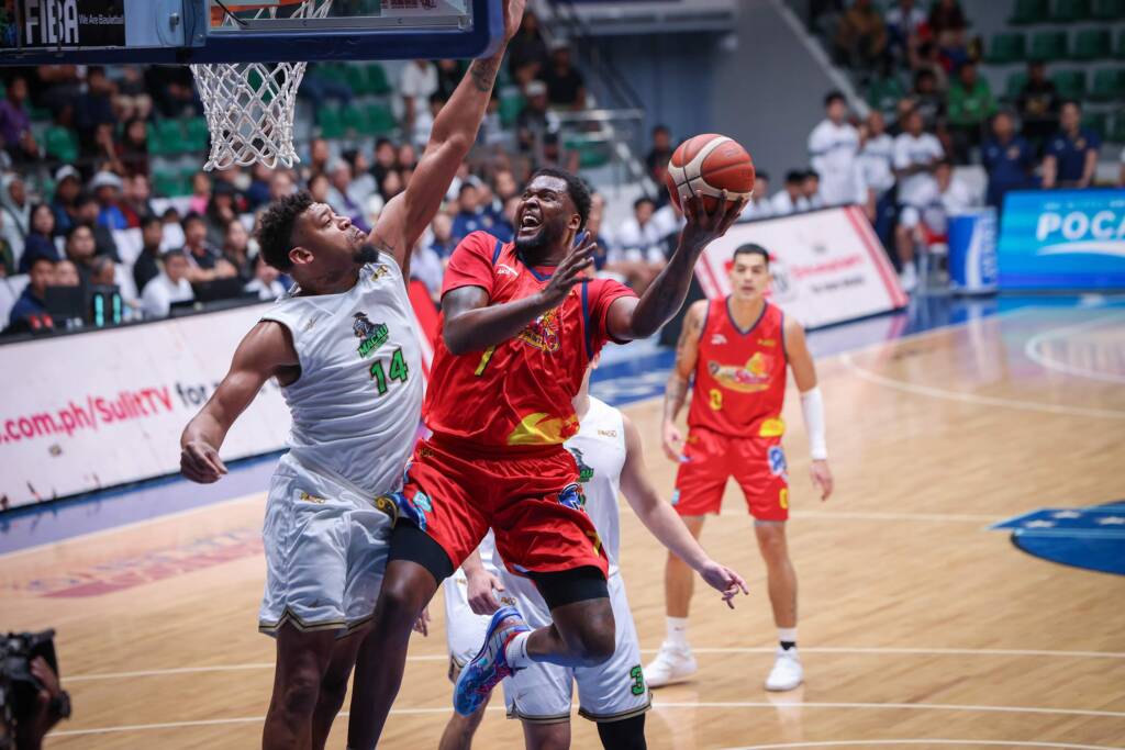 Rain or Shine PBA players celebrating a fast-break basket during their 2026 unbeaten streak