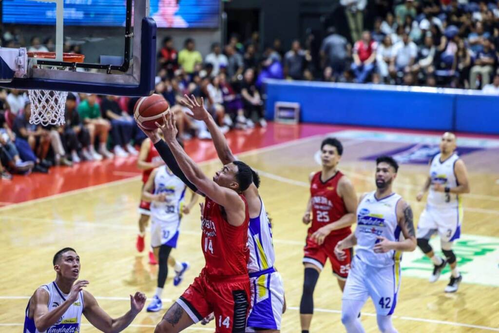 Action shot of the Ginebra and Magnolia starting lineups during the PBA Season 50 opening ceremonies