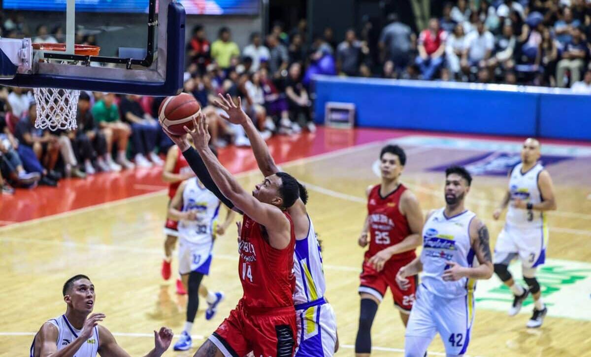 Action shot of the Ginebra and Magnolia starting lineups during the PBA Season 50 opening ceremonies