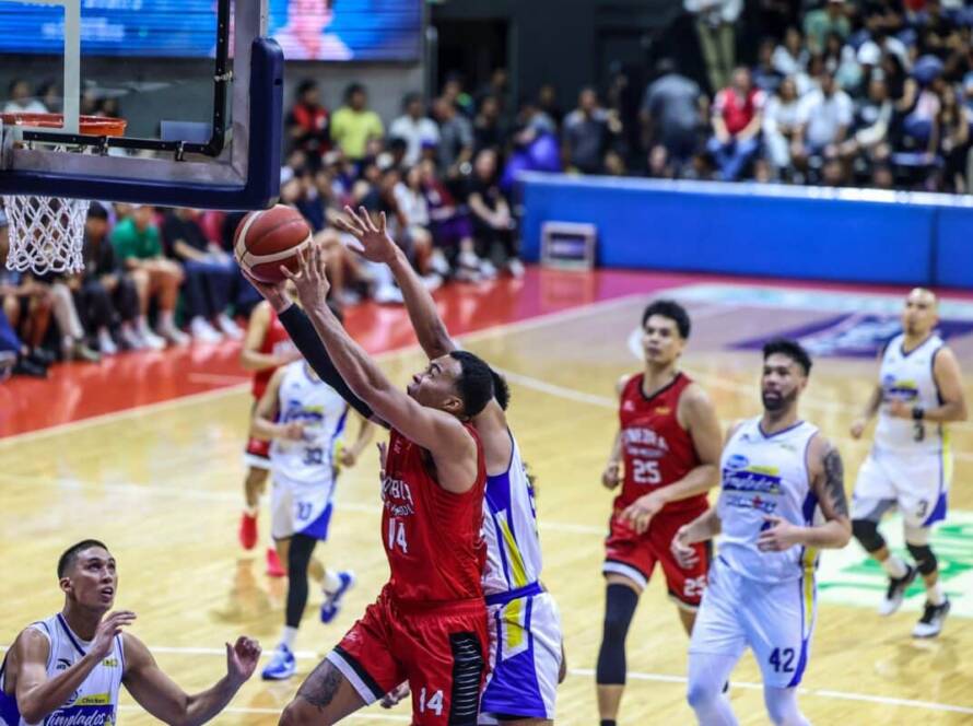 Action shot of the Ginebra and Magnolia starting lineups during the PBA Season 50 opening ceremonies