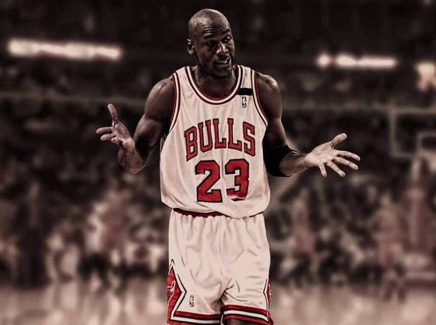 Michael Jordan flashing his legendary shrug after hitting his sixth three-pointer in Game 1 of the 1992 NBA Finals 