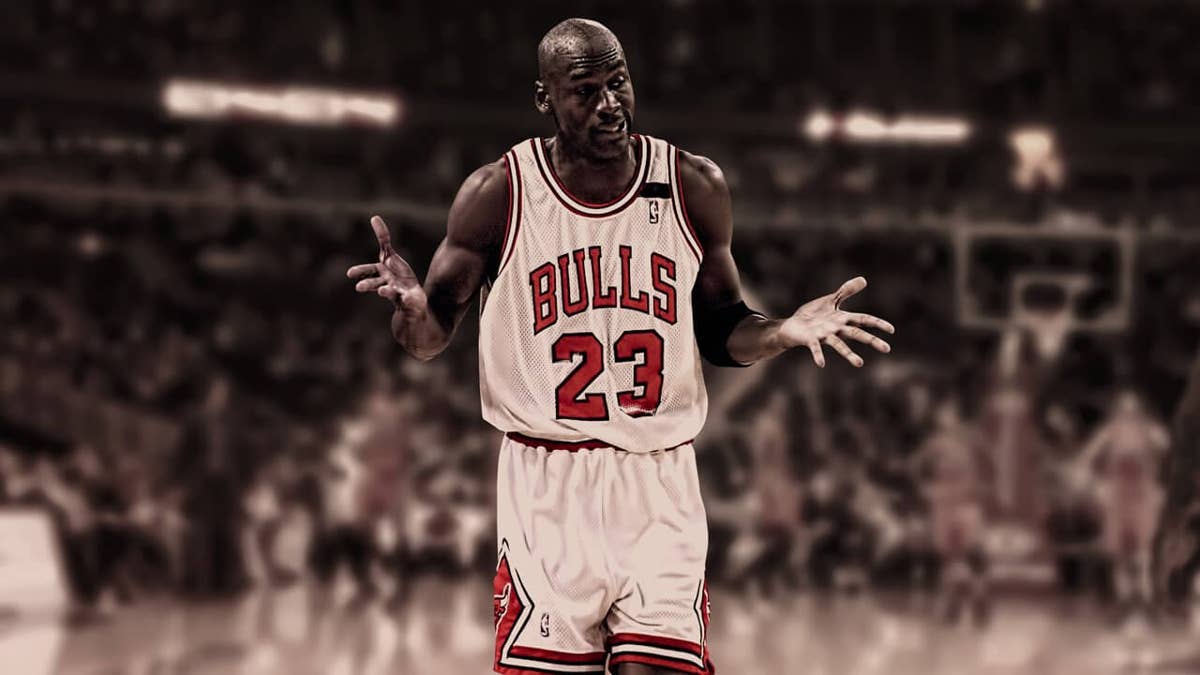 Michael Jordan flashing his legendary shrug after hitting his sixth three-pointer in Game 1 of the 1992 NBA Finals 