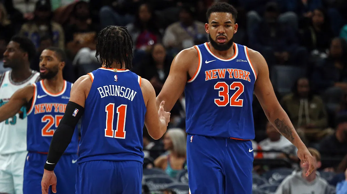 Jalen Brunson and Karl-Anthony Towns celebrating a dominant scoring run at Madison Square Garden