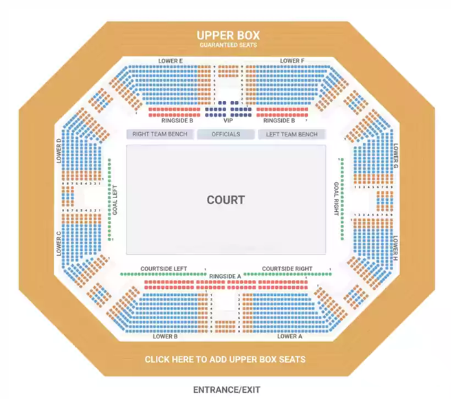 Official seating map of Playtime Filoil Centre showing Ringside and Lower Box sections.
