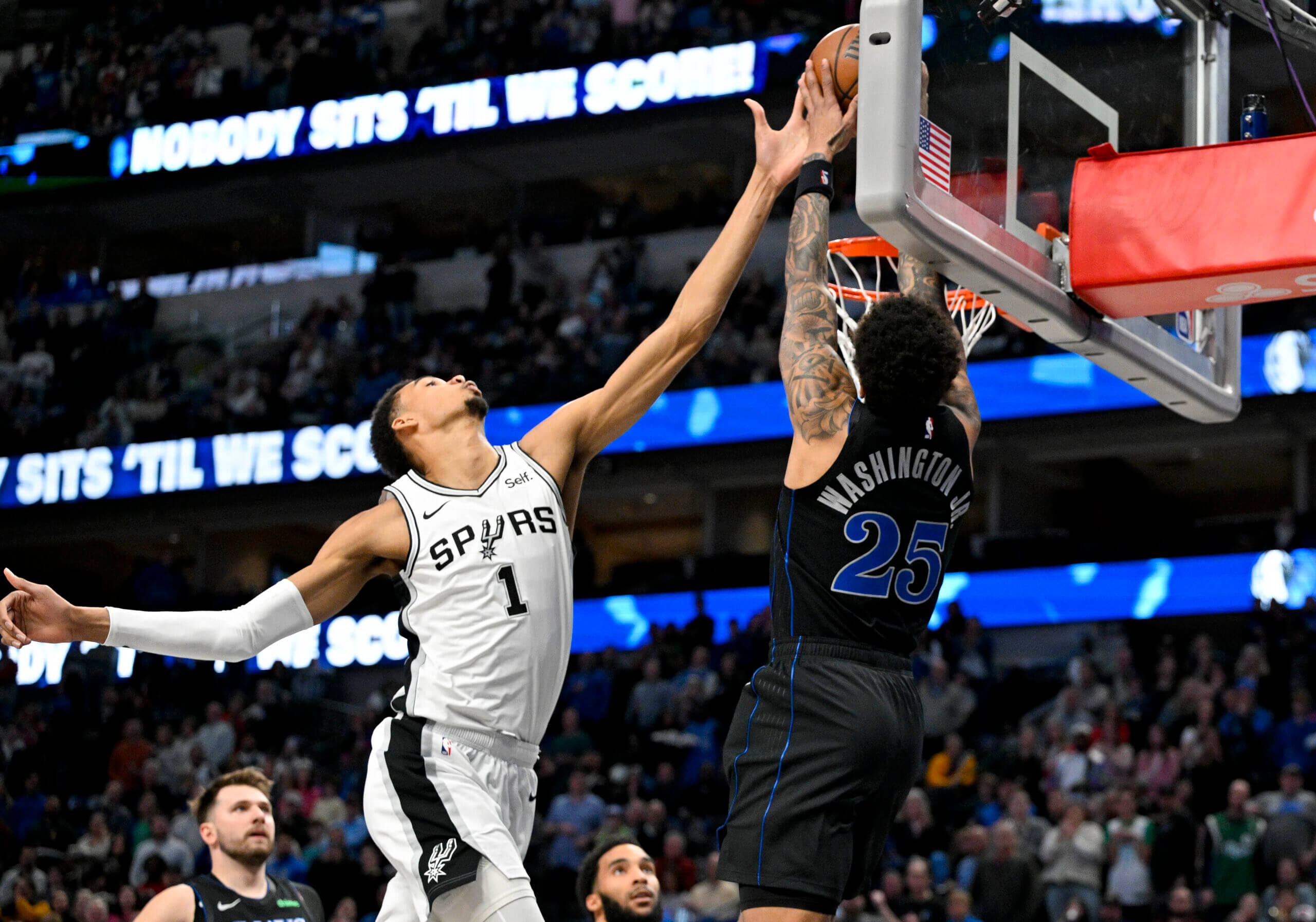 Victor Wembanyama utilizing his massive frame to protect the rim for the San Antonio Spurs defense