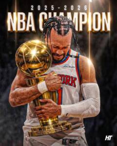 The golden Larry OBrien trophy on display during the 2026 NBA Finals championship series | GGSLOT | Sports & Games News Basketball player in a New York jersey hugs a large gold trophy as the celebration banner reads 2025–2026 NBA Champion.