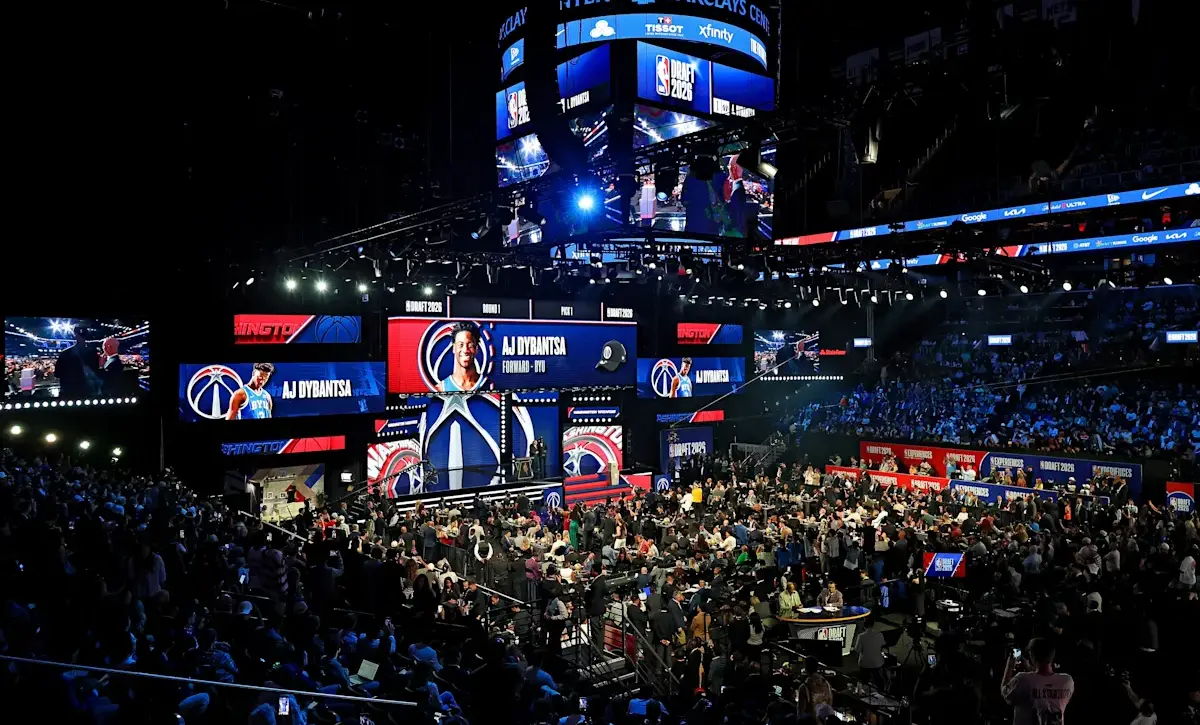 The official podium and draft boards at the 2026 NBA Draft inside the Barclays Center.
