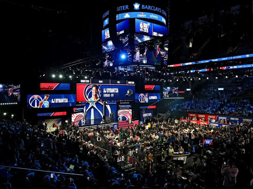 The official podium and draft boards at the 2026 NBA Draft inside the Barclays Center.