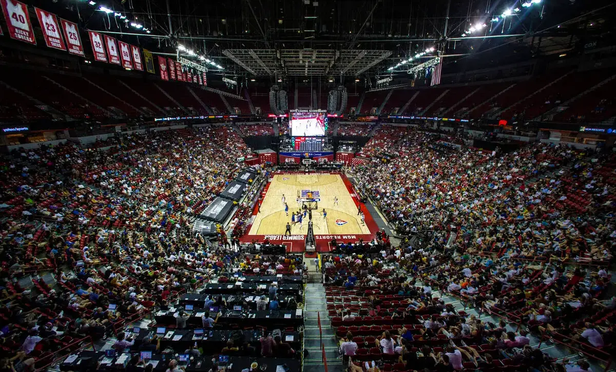 A wide shot of a packed Las Vegas arena during an NBA Summer League basketball game.