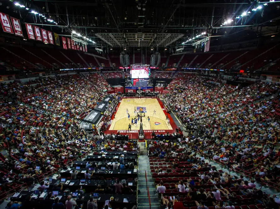 A wide shot of a packed Las Vegas arena during an NBA Summer League basketball game.