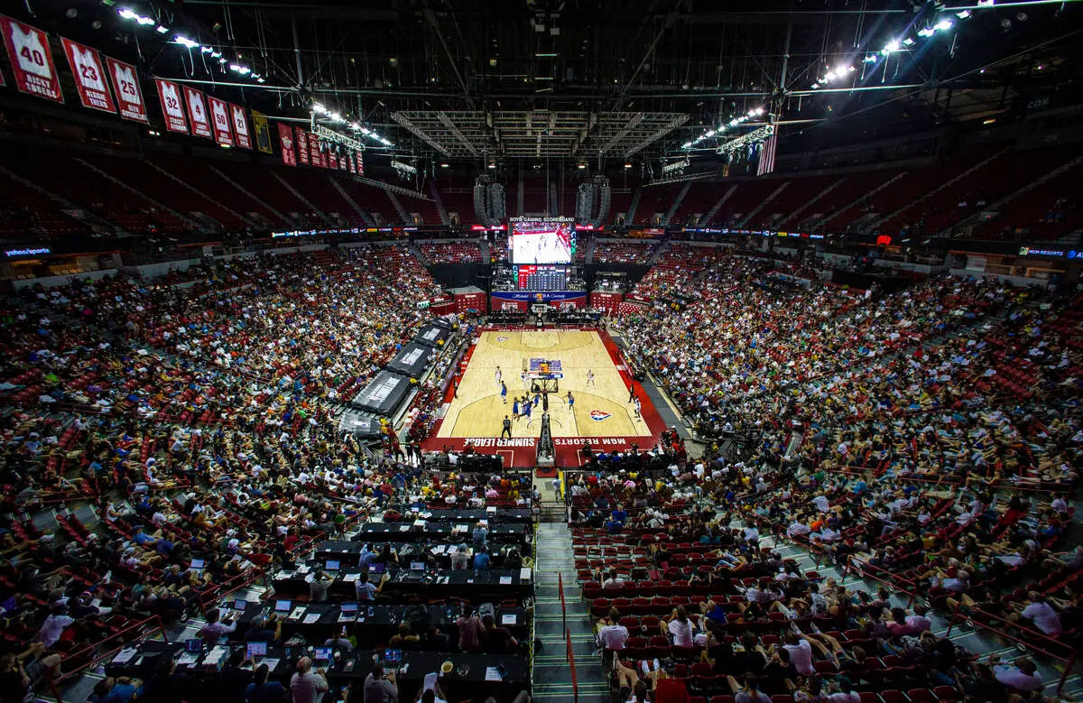 A wide shot of a packed Las Vegas arena during an NBA Summer League basketball game.