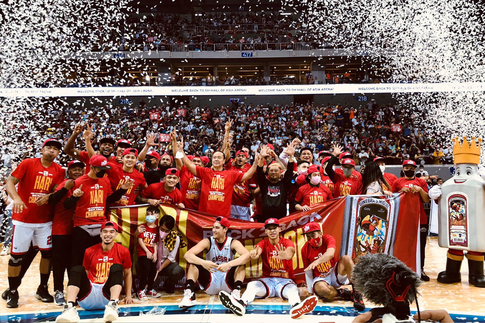 Barangay Ginebra players celebrating their hard-fought victory in Game 1 of the 2026 PBA Finals against TNT