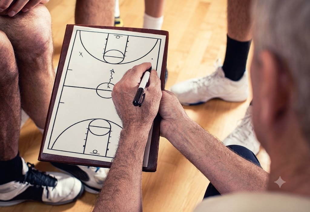 A basketball coach outlining a strategy on a clipboard during a crucial timeout | GGSLOT | Sports & Games News A basketball coach outlining a strategy on a clipboard during a crucial timeout.