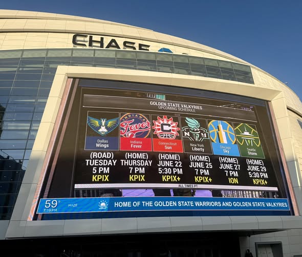 Detailed game schedule placard outside Chase Center.