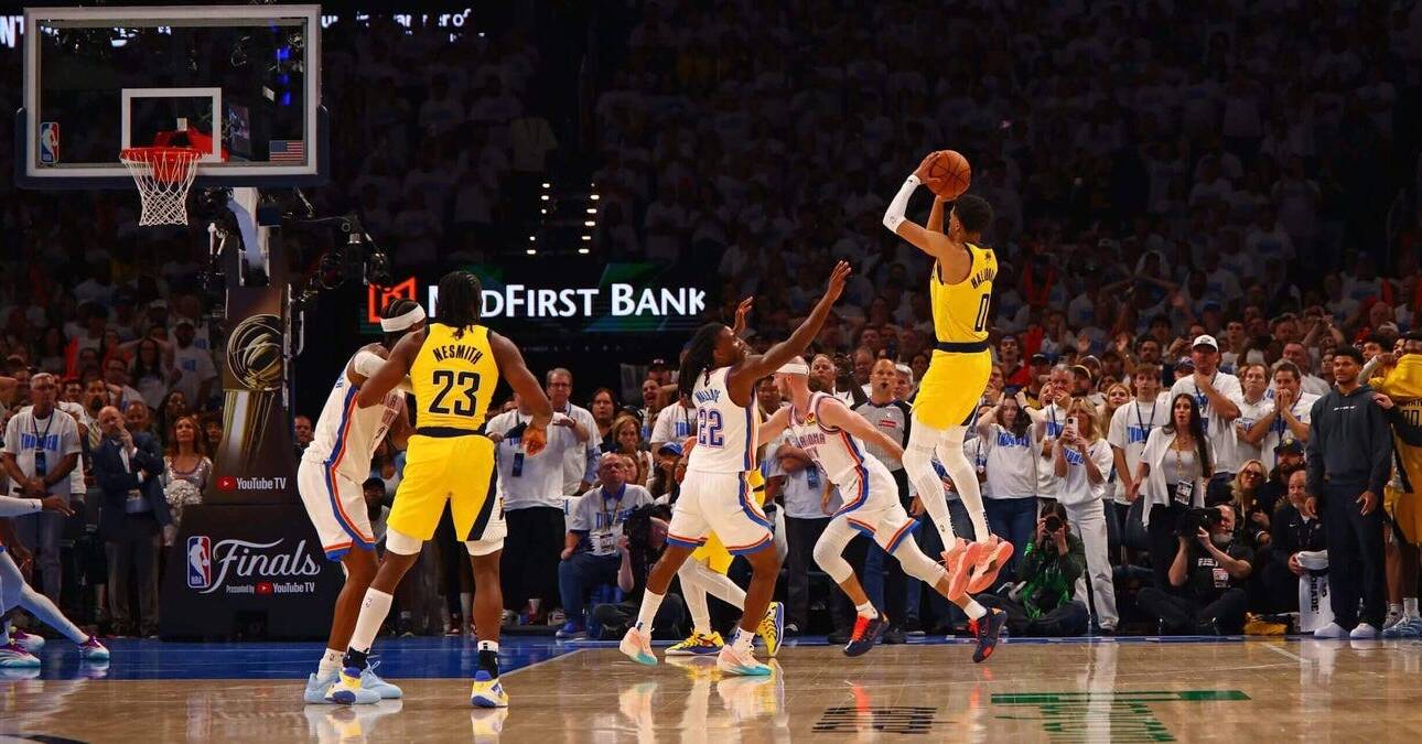 An intense basketball sequence during a championship final match, showcasing a star player making a clutch offensive move against an elite defense.