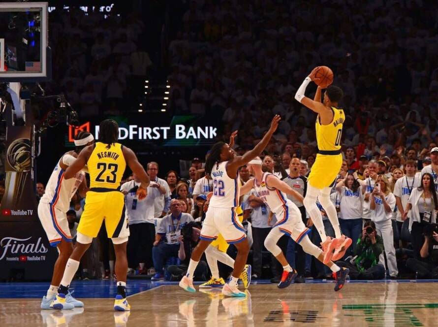 An intense basketball sequence during a championship final match, showcasing a star player making a clutch offensive move against an elite defense.